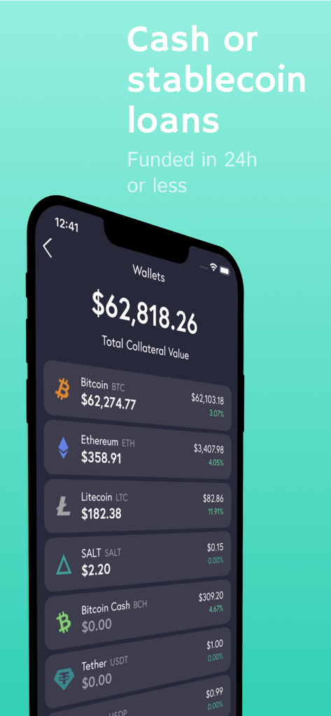 SALT Crypto Loans - SALT app interface displaying total crypto collateral value and various digital asset balances.