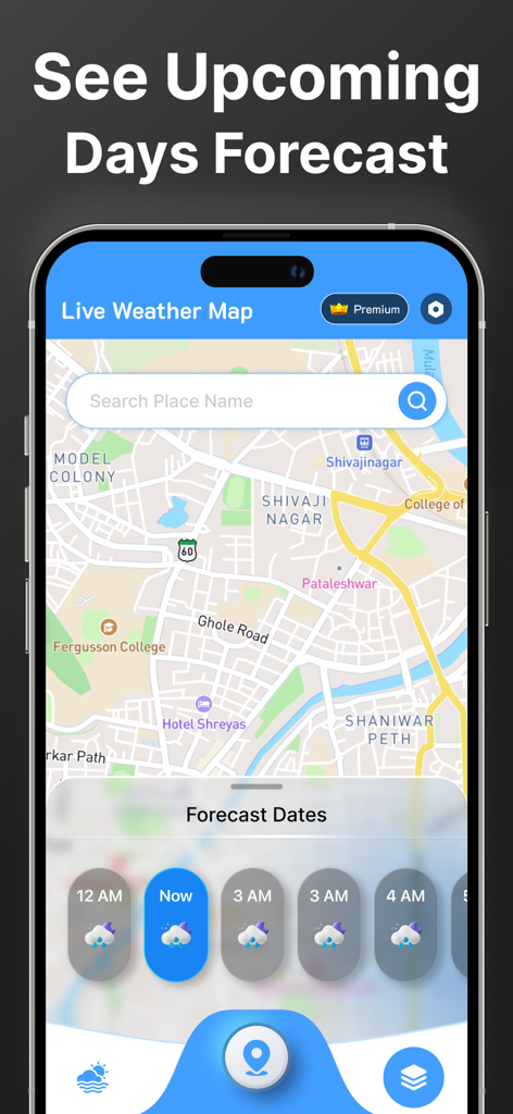Live Weather Map Zoom Earth - Interface of Live Weather Map Zoom Earth app displaying a map with an hourly weather forecast overlay.