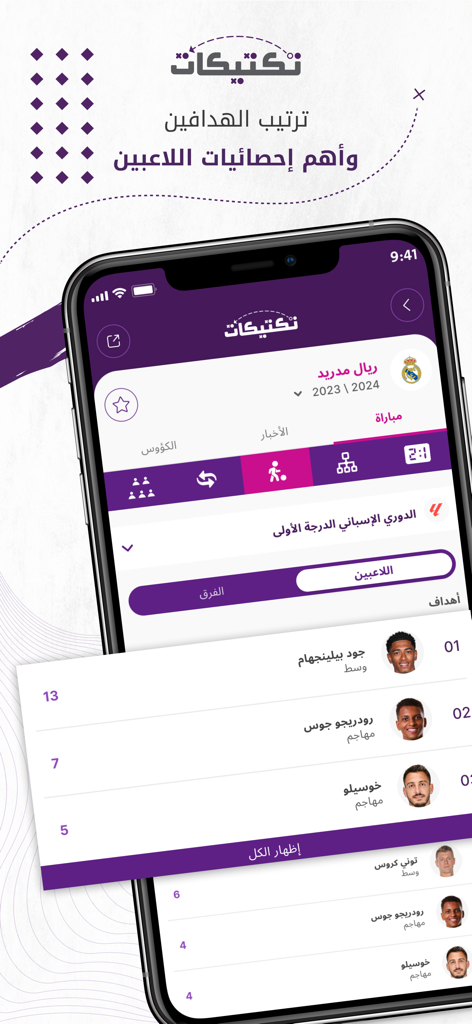 Taktikat - تكتيكات - Tela do aplicativo Taktikat mostrando classificações de jogadores de futebol e estatísticas de gols.