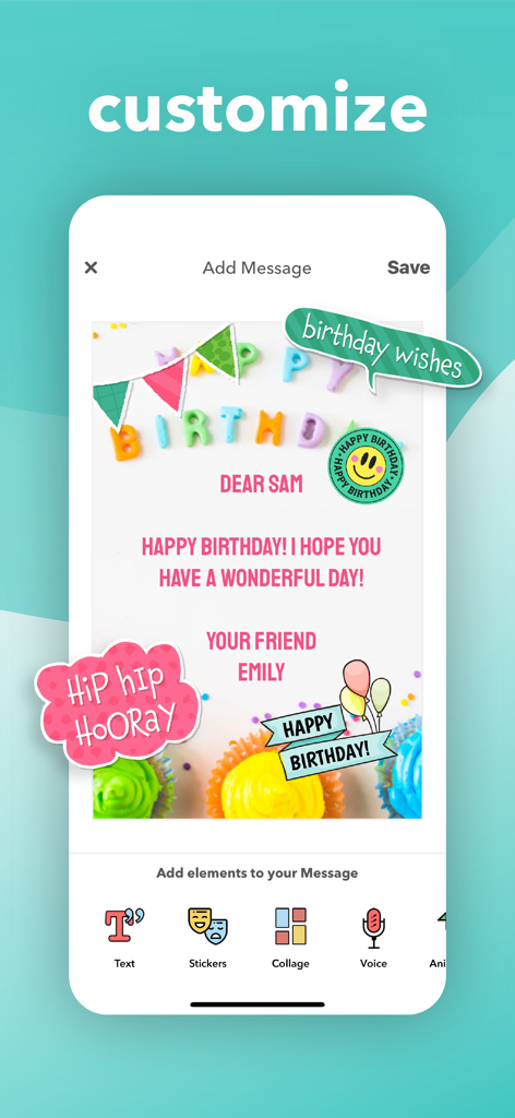 CardSnacks: ecards, greetings - Bildschirm der CardSnacks-App zum Anpassen einer Geburtstagskarte mit Stickern und Text