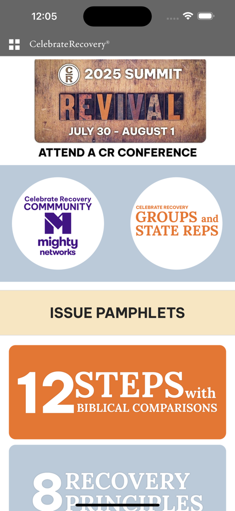 Celebrate Recovery app home screen showing 12 steps with biblical comparisons and conference details