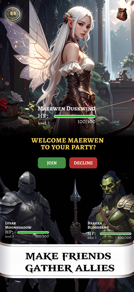 AI Game Master - Dungeon RPG - A party recruitment screen in AI Game Master featuring high quality AI generated fantasy characters like elves knights and orcs