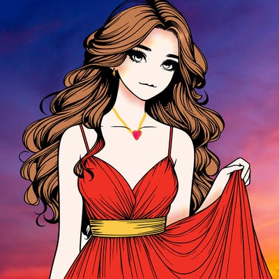 realistic girl in flowy silky prom dress