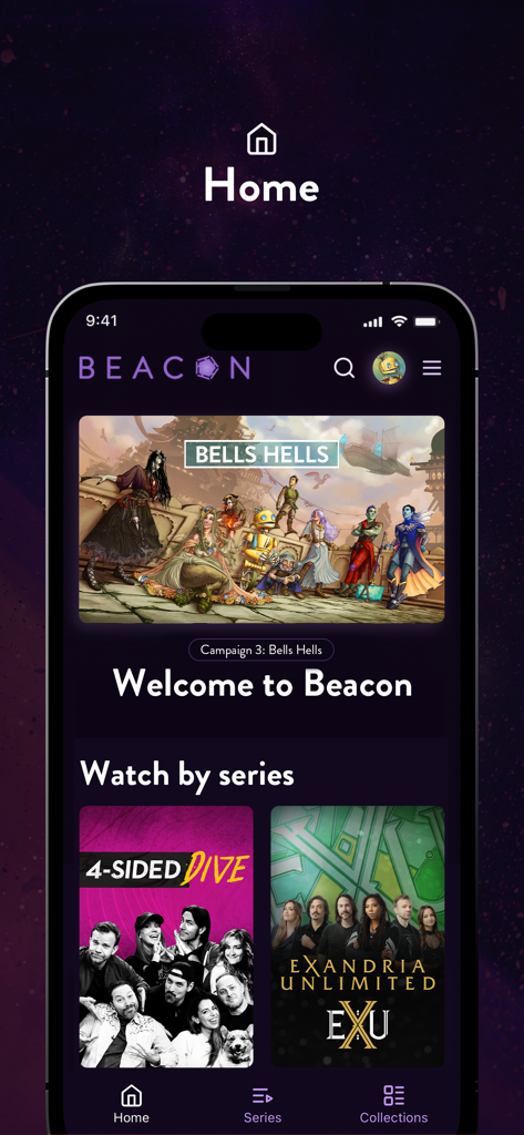 La schermata principale dell'app mobile Pocket Beacon con serie di Critical Role come Bells Hells e 4-Sided Dive.