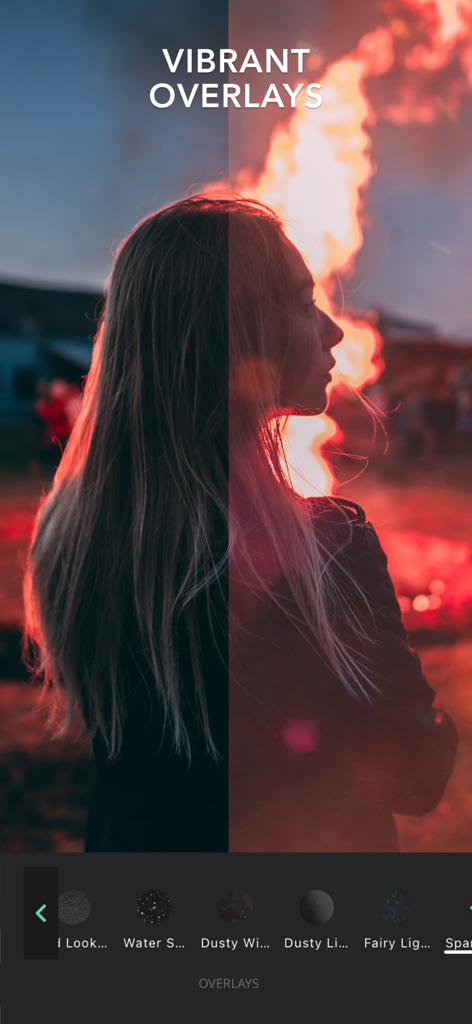 A split screen showing a before and after comparison of a photo with vibrant light overlays in the VIMAGE photo animation app.