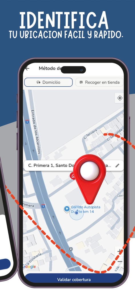 Garrido Ta - Mobile interface of Garrido Ta app showing a map with a red pin to identify delivery or pickup location