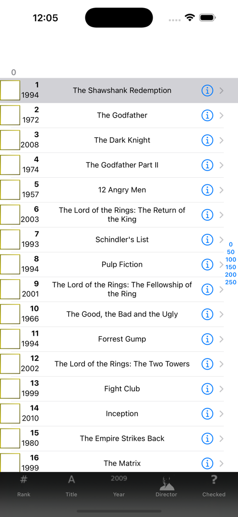 Greatest Movies Checklist - 체크박스와 순위가 있는 IMDB 250대 영화 목록을 보여주는 Greatest Movies Checklist 앱의 인터페이스