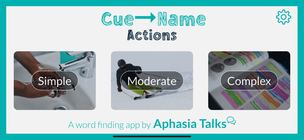 Cue Name - Actions - Cue Name Actions言語療法アプリのホーム画面。写真とともに、簡単、普通、複雑な難易度レベルが表示されています。