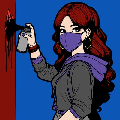 realistic girl with mask spray painting a wall