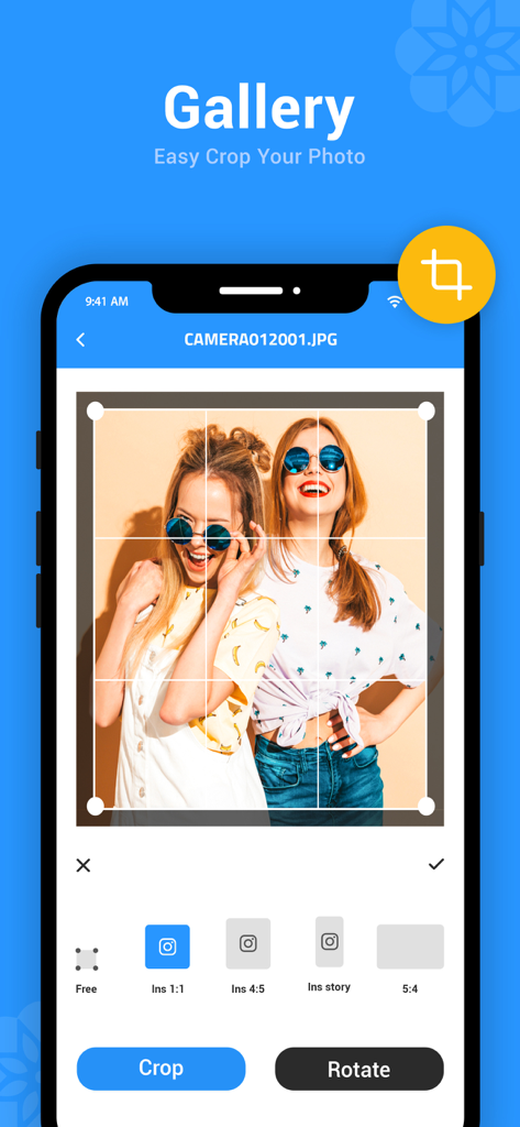A mobile app interface displaying a photo cropping tool with social media aspect ratio presets and rotate options