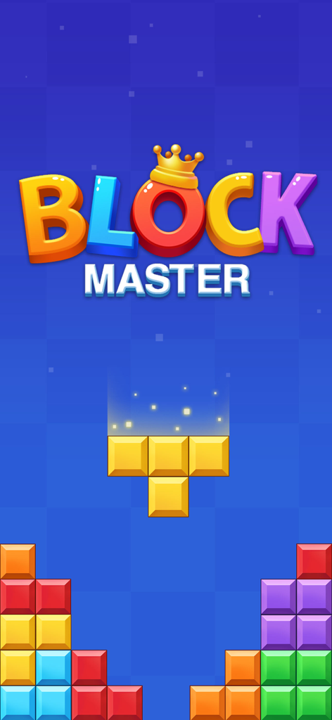 Pantalla de título para el juego de rompecabezas Block Master que muestra coloridos bloques de juguete y una corona dorada sobre un fondo azul