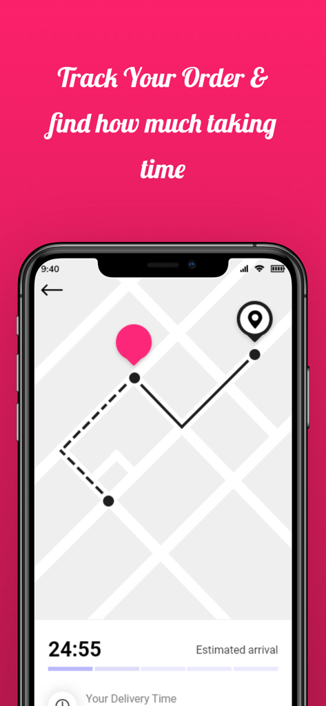 The Perfume Smell - Mapa de seguimiento de pedidos en tiempo real en la app móvil The Perfume Smell mostrando el tiempo estimado de entrega.