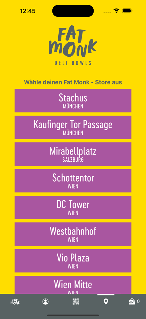 Fat Monk - The store selection screen of the Fat Monk app showing various locations in Munich, Salzburg, and Vienna.