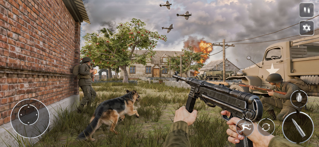 First person shooter gameplay from World War 2 Call of Courage featuring a soldier and his dog companion.