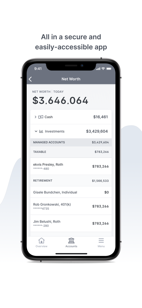 GBM Wealth mobile app displaying total net worth summary with a breakdown of cash and investment accounts