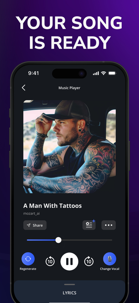 Interfaz de la aplicación Mozart AI Song Generator que muestra una canción generada por IA completa con controles de reproducción y detalles de la canción.