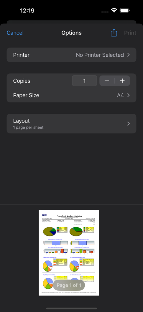 PhoneTrack NexGen Mobile - Print options screen showing a call statistics report preview.