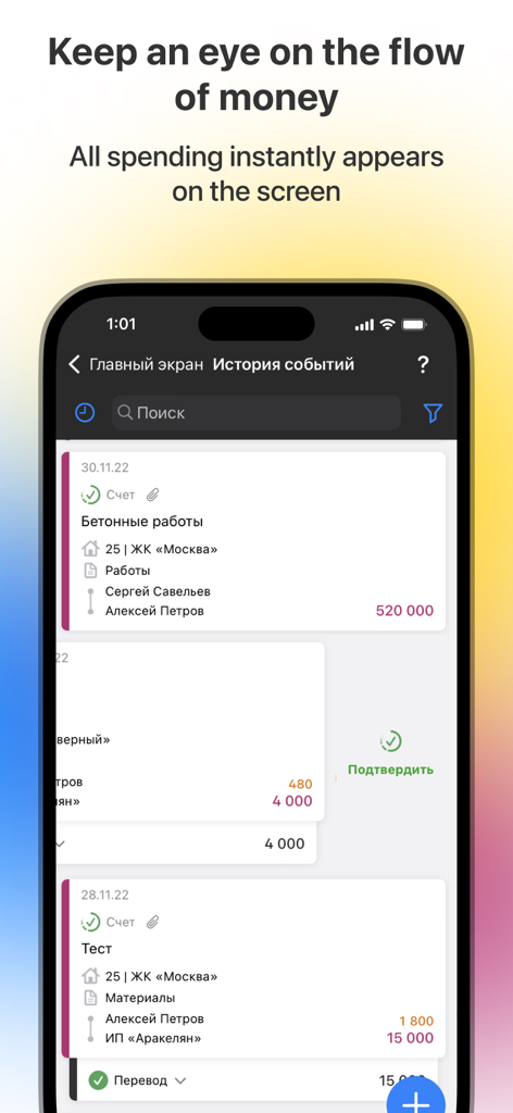 101 - Mobile screen showing real-time expense tracking and financial history for construction projects