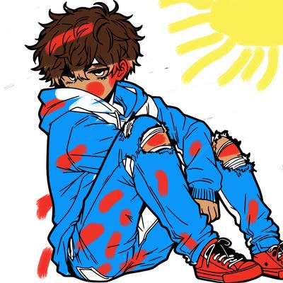 a male hoddie ripped jeans messy hair anime