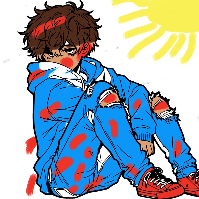 a male hoddie ripped jeans messy hair anime
