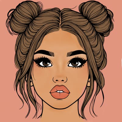 realistic girl with two buns on her hair and lips