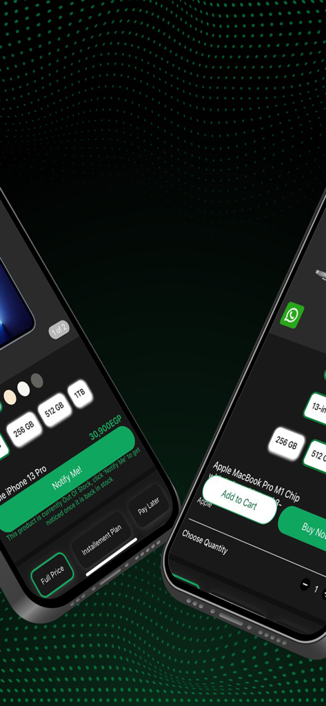 XPRS - Two mobile phone screens showing the XPRS app interfaces for purchasing an iPhone 13 Pro and a MacBook Pro with M1 chip.