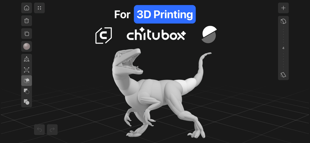 3D Modeling, Design: Shapeyard - A 3D model of a dinosaur in the Shapeyard app interface showing compatibility with 3D printing software like Chitubox and Creality.