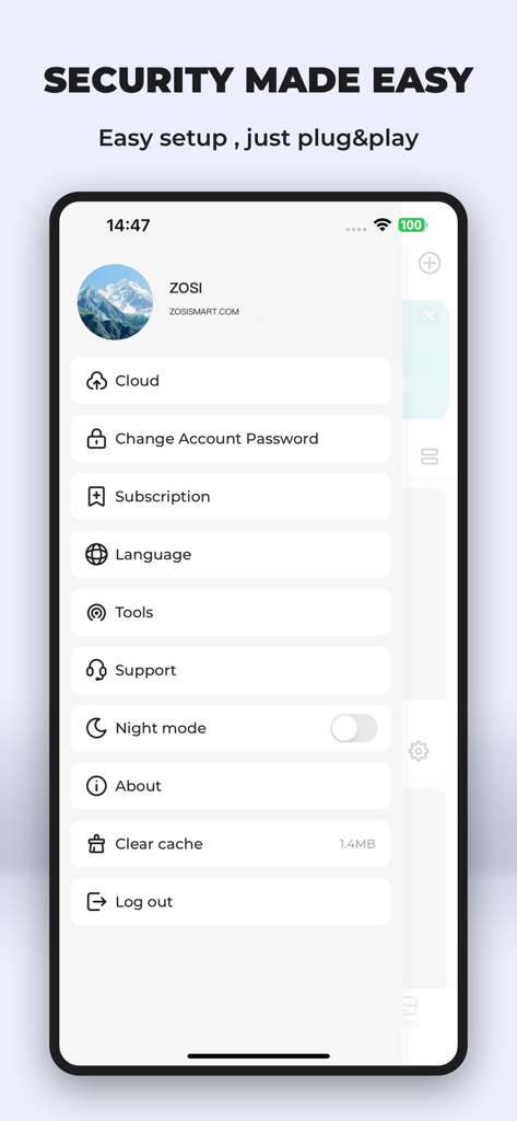 Zosi Smart - The settings menu of the Zosi Smart app showing account and security options
