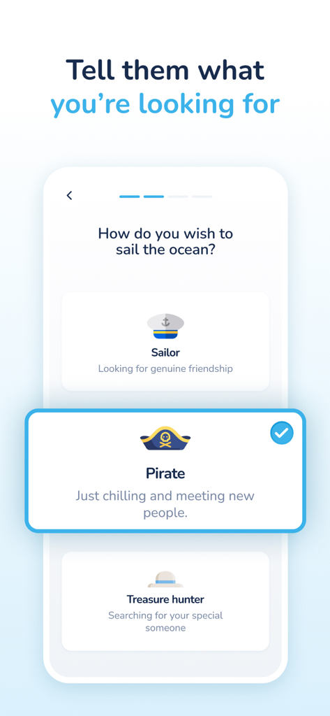 Bottled app onboarding screen asking the user how they wish to sail the ocean with options for friendship or dating