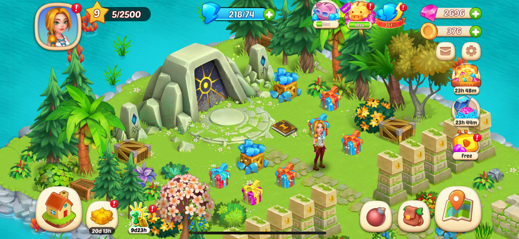 Dreamy Harvest: Farm Island - Amelia stands on a lush tropical island with ancient ruins and colorful gift boxes in Dreamy Harvest Farm Island