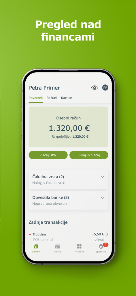 DH Mobilni - Il dashboard dell'app di mobile banking DH Mobilni che mostra il saldo di un conto personale e le transazioni recenti.