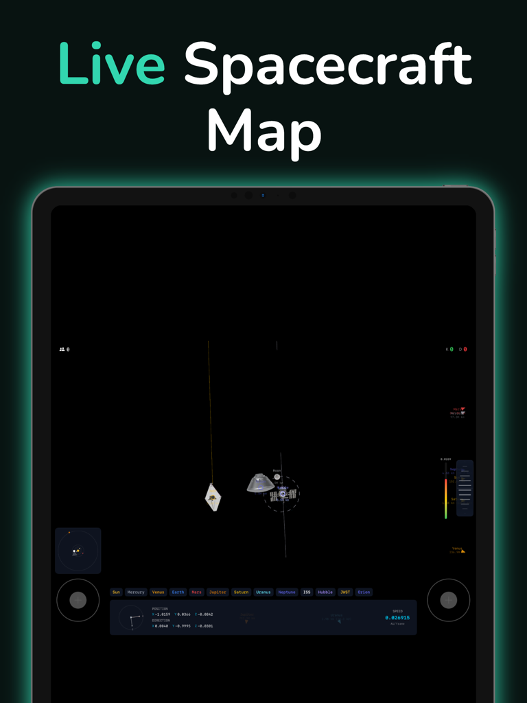 ArtemisLive - Interface do aplicativo ArtemisLive exibindo um mapa de rastreamento de naves espaciais ao vivo.