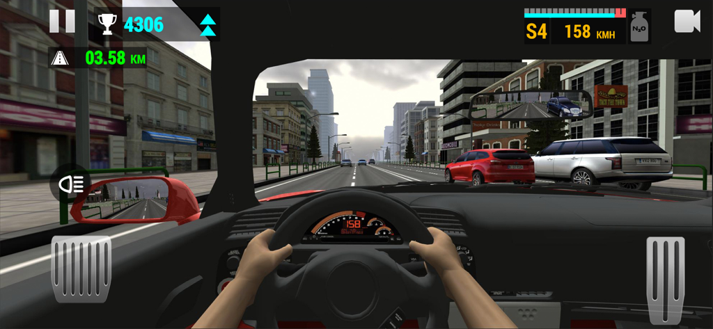 First person cockpit view of a car driving through city traffic in the Racing Limits mobile game