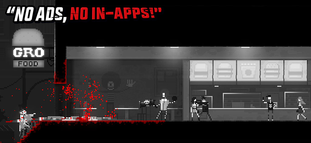 Zombie Night Terror - Captura de pantalla de juego de estrategia pixel art retro que muestra un ataque zombi en una cafetería sin texto de anuncios.