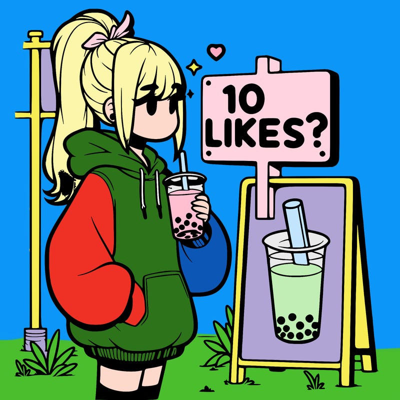 girl with oversized hoodie drinking boba and she has a high ponytail with a sign that says 10likes?