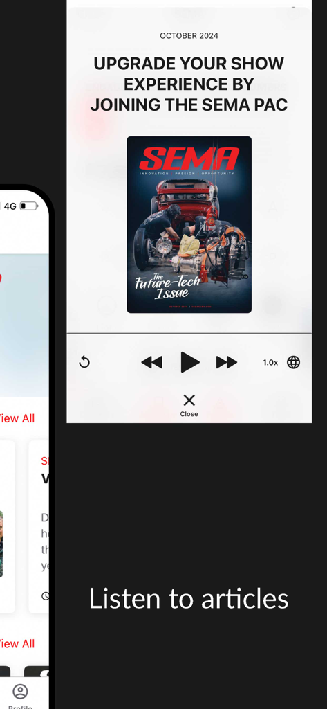 SEMA Magazine - Interface of the SEMA Magazine app showing the audio player feature to listen to automotive articles