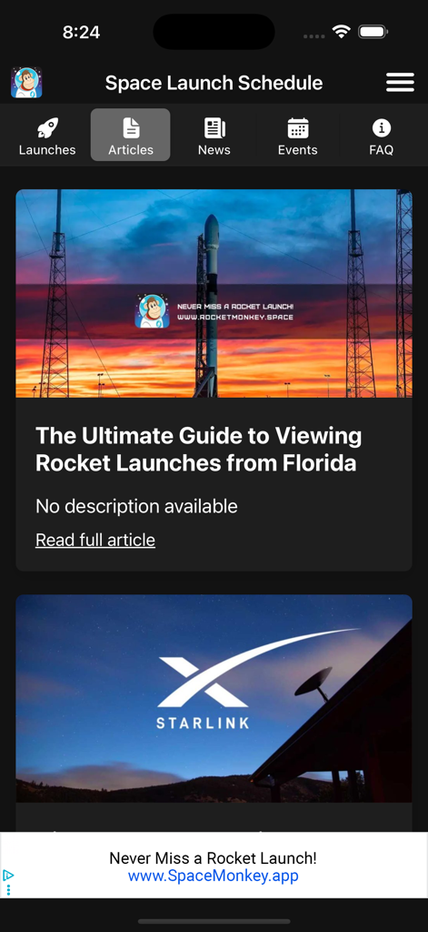 Space Launch Schedule - フロリダでのロケット打ち上げ観測ガイドを掲載したSpace Launch Scheduleアプリの記事画面。
