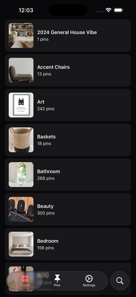 Pinx for Pinterest - Screenshot of Pinx app displaying a minimalist list of Pinterest boards in dark mode