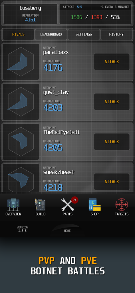 vHack Revolutions: Hacker Game - vHack Revolutions PvP rivals screen showing user reputation and attack options.
