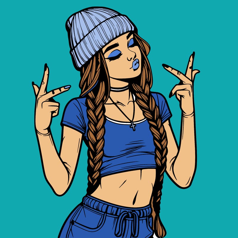 realistic teenage girl with braids and a beanie and crop top doing 🫶🏼