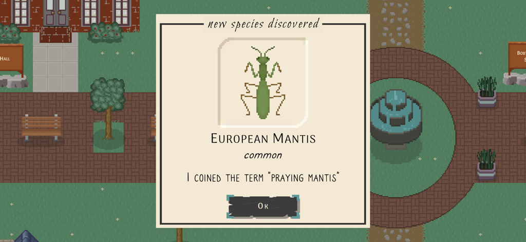 Una schermata di scoperta pixel art per una Mantide Europea nel gioco Bug and Seek.