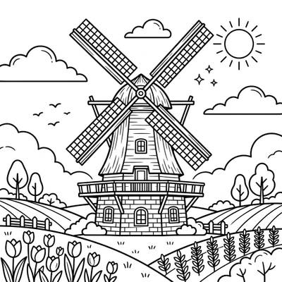 Embark on a creative journey with this charming historical windmill coloring page, specially designed for kids aged 4-8. This delightful scene features a classic windmill surrounded by nature, ready for vibrant colors.