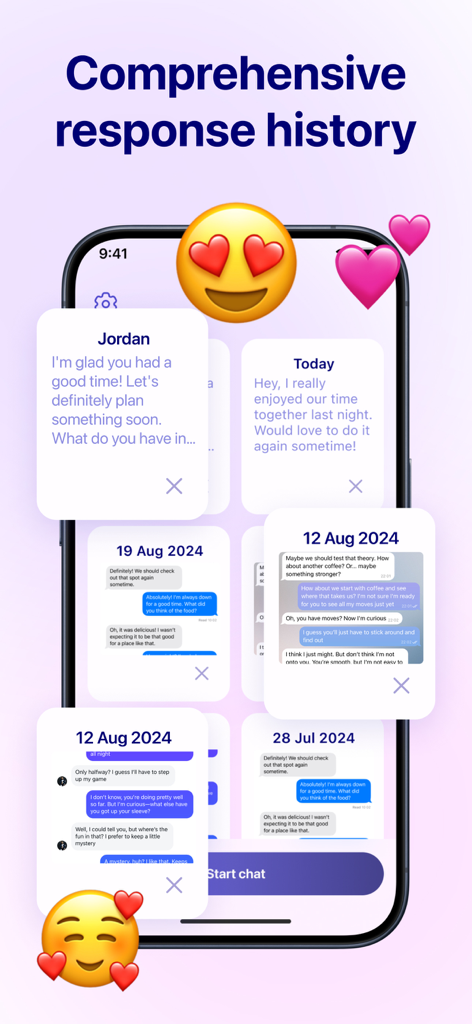 AI Flirt Wingman: Text Helper - Tela de smartphone exibindo um histórico abrangente de respostas de namoro geradas por IA e logs de chat