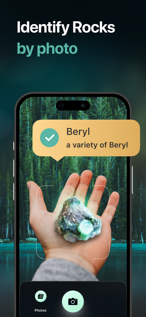 Stone Identifier - Rock Finder - Smartphone app identifying a beryl stone held in a hand over a forest background