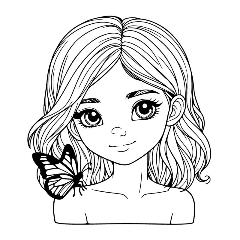 realistic girl with butterfly on shoulder