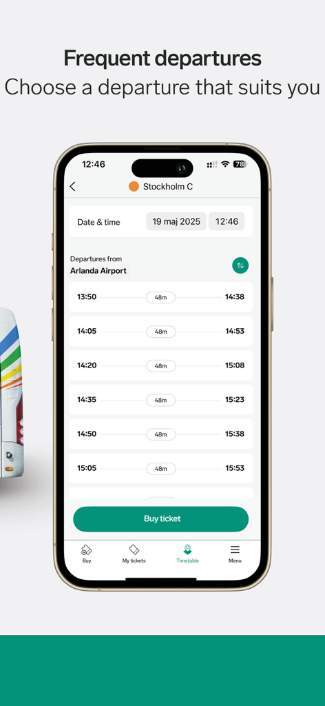 Vy flygbussarna - Screenshot of the Vy flygbussarna app showing frequent bus departure times from Arlanda Airport to Stockholm city center