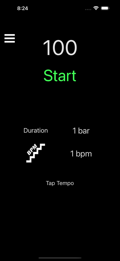 Metronome Step - Metronome Step app interface showing 100 BPM and automatic speed increase settings
