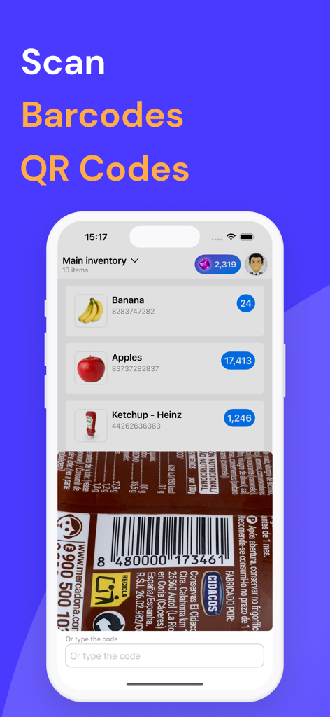 Inventory Manager & Scanner - Naventy Mobile App-Oberfläche, die Echtzeit-Barcode-Scannen und Bestandslistenverwaltung zeigt
