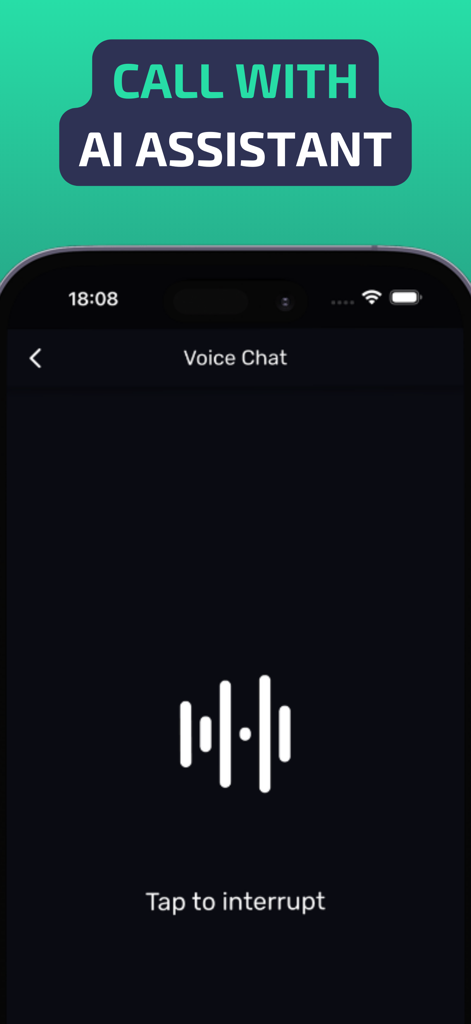 Uma tela de celular mostrando a interface de chat de voz do assistente Evo AI com uma forma de onda de áudio e o texto chamada com assistente de IA