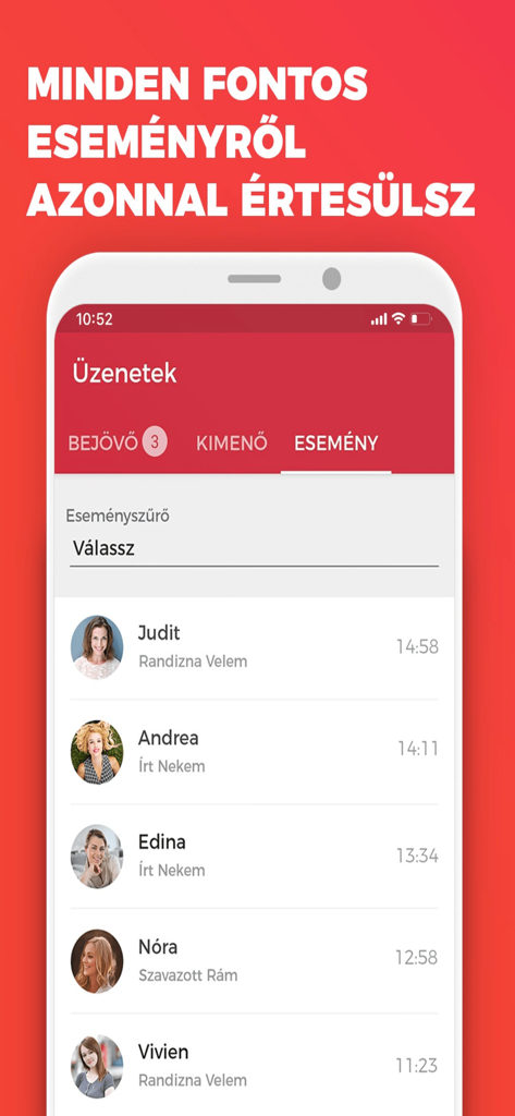 Cronos - Társkeresés könnyedén - A mobile screen showing message notifications and activity in the Cronos Hungarian dating app.